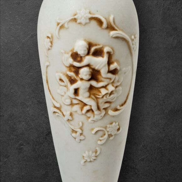 Vintage Porcelain Bud Vase w/ Cherubs Likely Lefton Embossed Putti 7" Tall #1597 - Picture 3 of 10